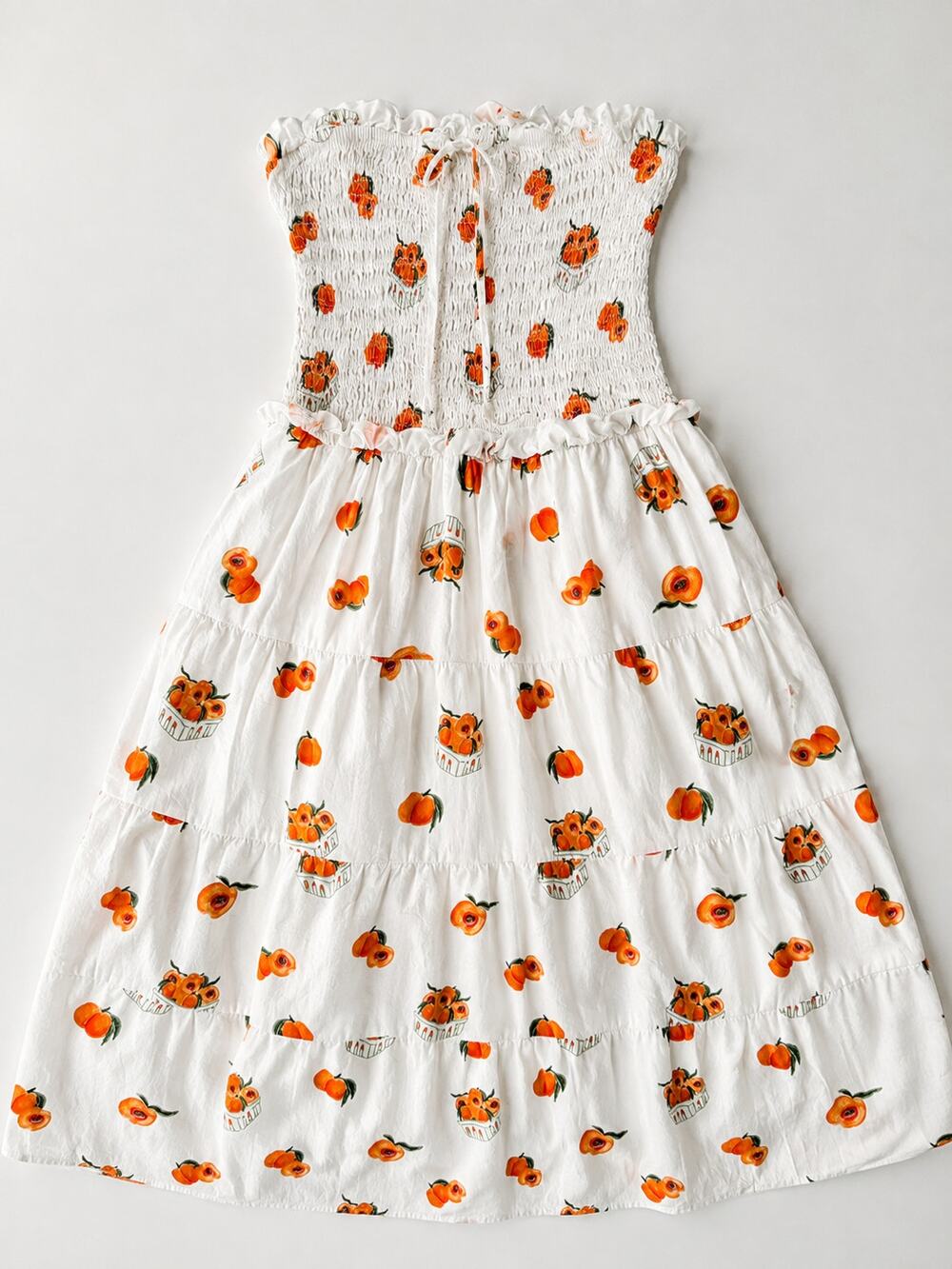 White Strapless Smocked Midi Dress Orange Peach Fruit Print Size Large